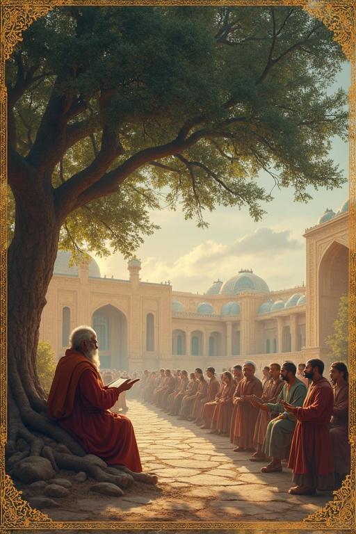 Panoramic ancient Persian storytelling scene with traditional architecture. An old man under a tree narrating tales to listeners in traditional attire. Faded illustrations of mythical figures like Rostam and Simurgh. Antique color tones including lapis lazuli and gold. Persian decorative patterns and calligraphy. High resolution with cinematic lighting.