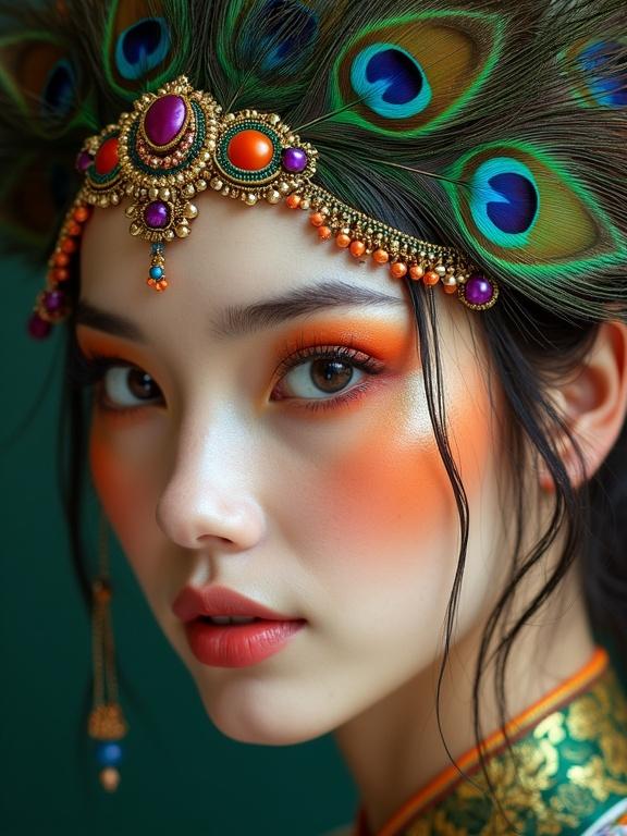 Close-up portrait of a woman with a colorful hairpiece. The hairpiece combines peacock feathers with traditional patterns. Her eyes feature orange eyeshadow. The image captures her vibrant beauty and intricate details.