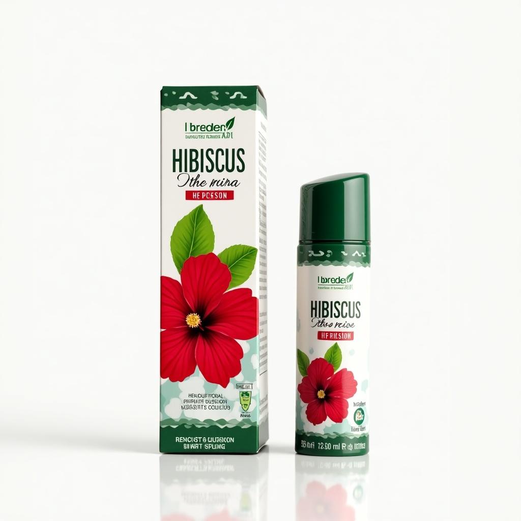 Design for a hypertension inhaler product with hibiscus. Include a logo, product design, and trade name.