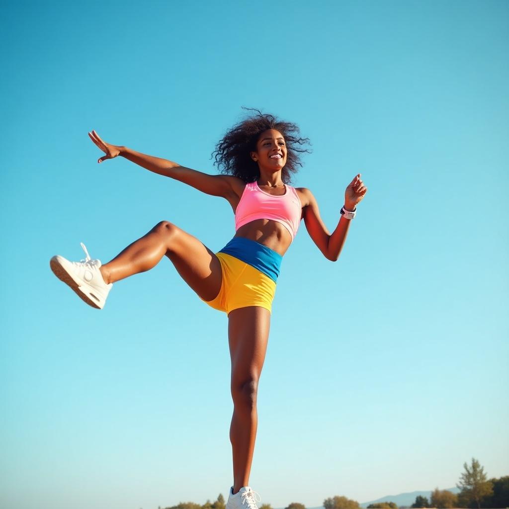 The image captures me performing a high kick outdoors. Wearing a pink sports top and yellow shorts, I display energetic movement. My hair flows freely in the breeze, adding to the dynamic feel. The beautiful blue sky serves as a backdrop, enhancing the vibrant colors of my outfit. This pose symbolizes strength and athleticism.