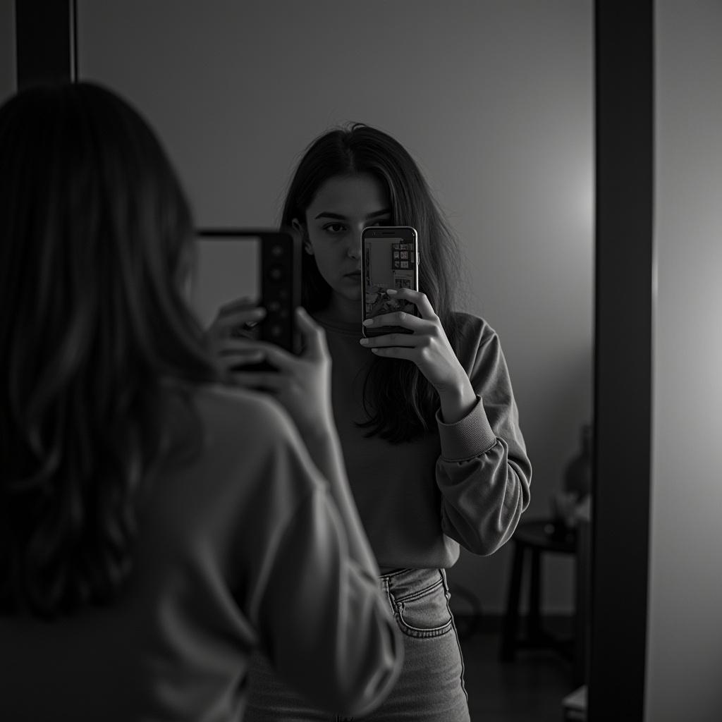 Teen girl taking a mirror selfie in softly lit room. Image is black and white. Her face is hidden. Phone is reflective.