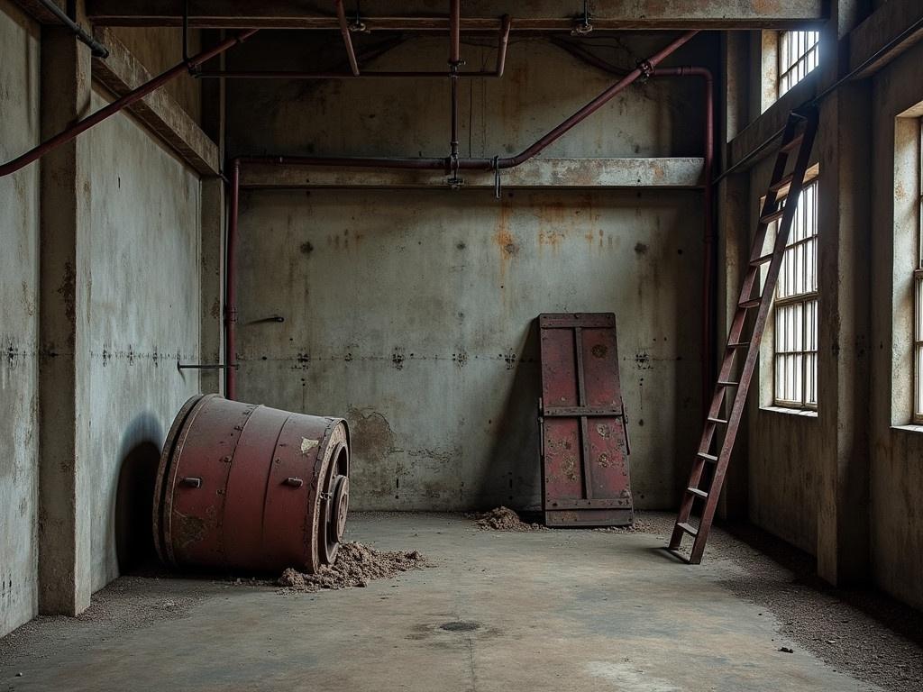 The image depicts a grunge interior room of an abandoned industrial warehouse. The walls are made of raw concrete, and rusty pipes crisscross along the surface, showing signs of decay. A dark red metal ladder leans against a wall, coated in rust and neglect. On the floor, there is a large, battered piece of industrial debris, possibly a piece of machinery, with paint peeling off. The ambiance conveys a sense of abandonment, with dim lighting that casts shadows across the space. It feels as though this place has long been forgotten, serving as a remnant of a once-bustling industrial environment.