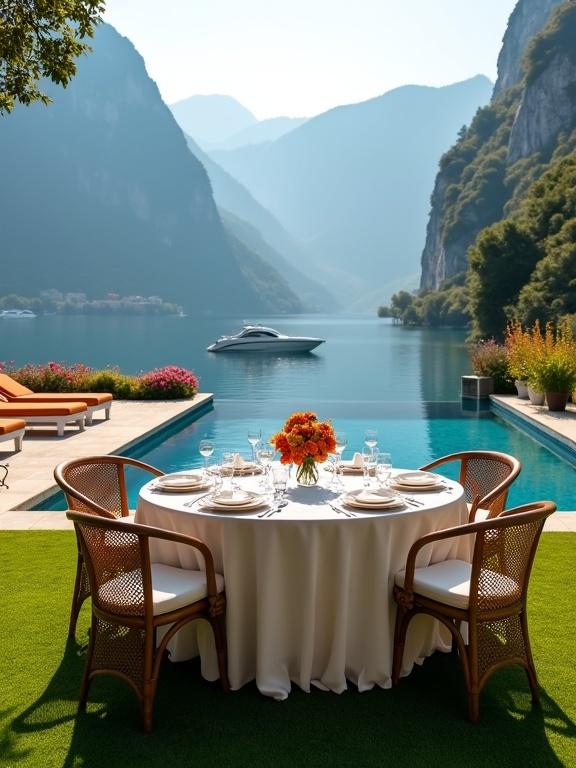 Lakeside dining setup in a sunlit mountain setting. Round table covered with white linen. Set for dining with floral centerpiece. Relaxing atmosphere with lounge chairs and a clear blue pool.
