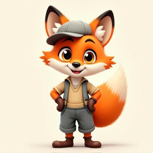 Charming anthropomorphic fox character with vibrant orange fur and white accents. Wears gray cap, beige shirt, gray vest, and matching gray overalls. Fluffy orange tail with white tip held in one paw. Expressive yellow eyes and warm smile. Detailed and cartoonish style. Neutral background emphasizing character.