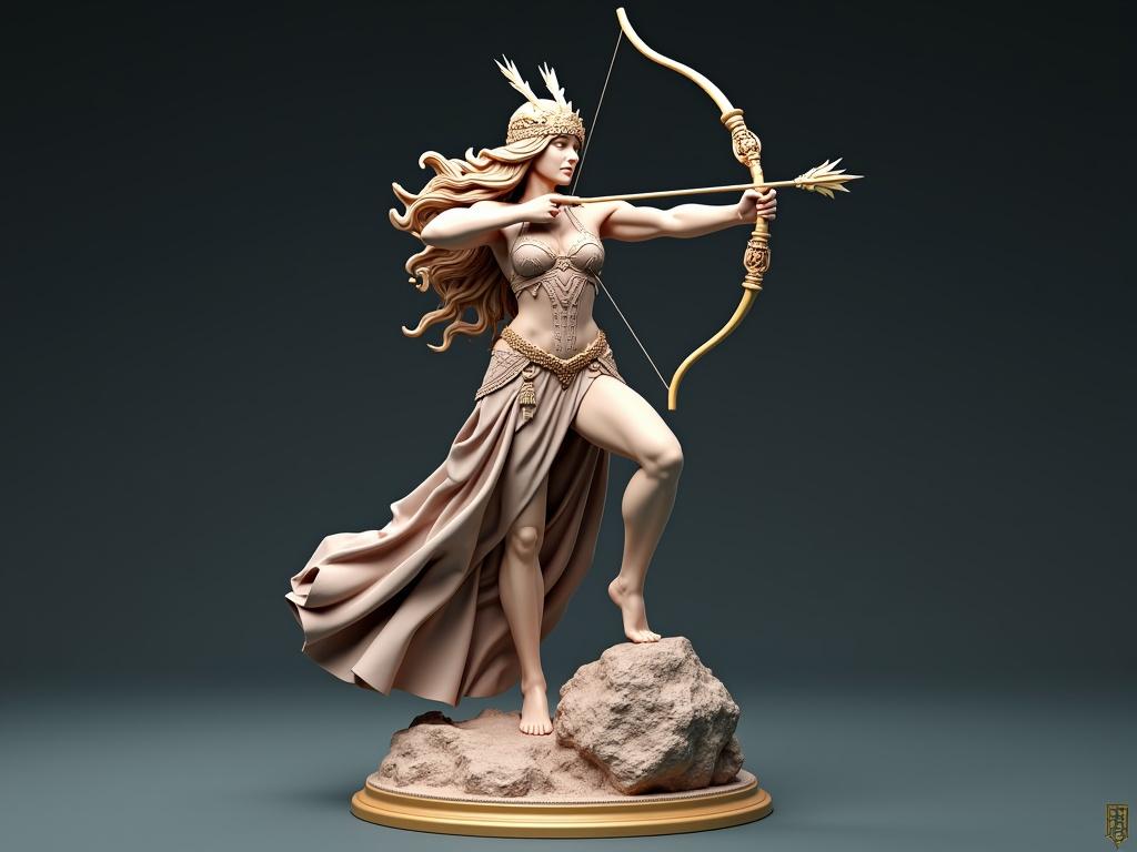 A resin sculpture of a powerful goddess inspired by the Sagittarius sign. She stands on a rock with one leg forward. Arms extend in the motion of shooting a bow. Elegant armor with gold details and stylized design. A long skirt simulates movement and shows strength. Long hair flows as if in the wind. A crown shaped like arrows adorns her head. The base is rocky against a cosmic background. The style is mystical and cinematic.
