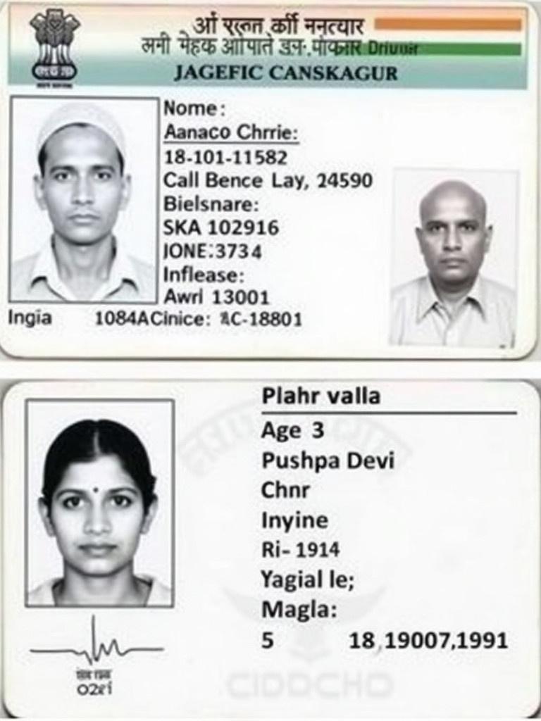 Image shows an Indian driver license card. Features name Pushpa Devi. Indicates age of 33. Birth date is 18/01/1991. Card has a typical government style. Presents an official appearance. Layout is clean and professional. Suitable for identity verification.