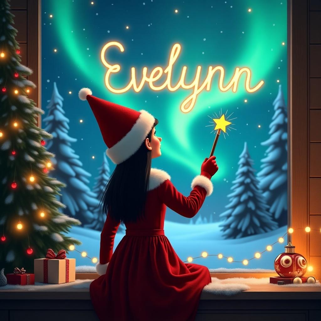 An enchanting Christmas scene features an elf on the shelf. She is dressed in red and white, facing the sky with her back to the viewer. The elf wields a magic wand, writing 'Evelynn' in glowing script above her. The backdrop showcases vibrant northern lights, creating a magical ambiance. The atmosphere is festive, perfectly capturing the essence of the Christmas spirit with a whimsical twist. The elf's actions evoke wonder and excitement, embodying the joy of the holiday season.