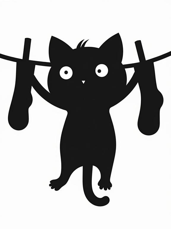 Black silhouette of a Kawaii-style cat hanging from a clothesline with two socks. The cat has big eyes and claws gripping the line. It features a simple black and white style with a transparent background. The design is playful and looks good on both dark and light shirts.