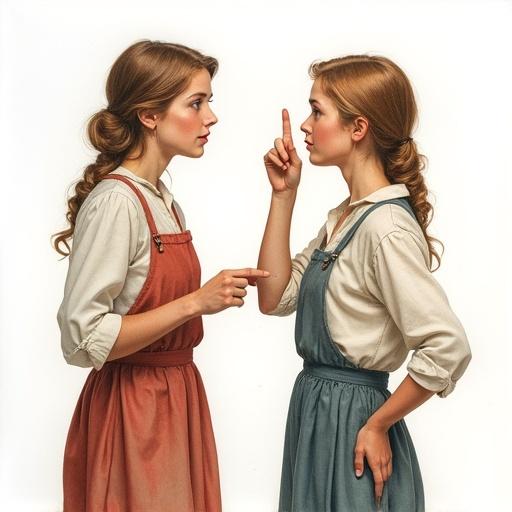 Full body view of two rural women engaging in secretive gossip. One listens with wide open eyes while the other whispers behind her hand. White background enhances the characters. Highly detailed linework and hyper-realistic portrayal reminiscent of Norman Rockwell. Composition follows the golden ratio for balance.