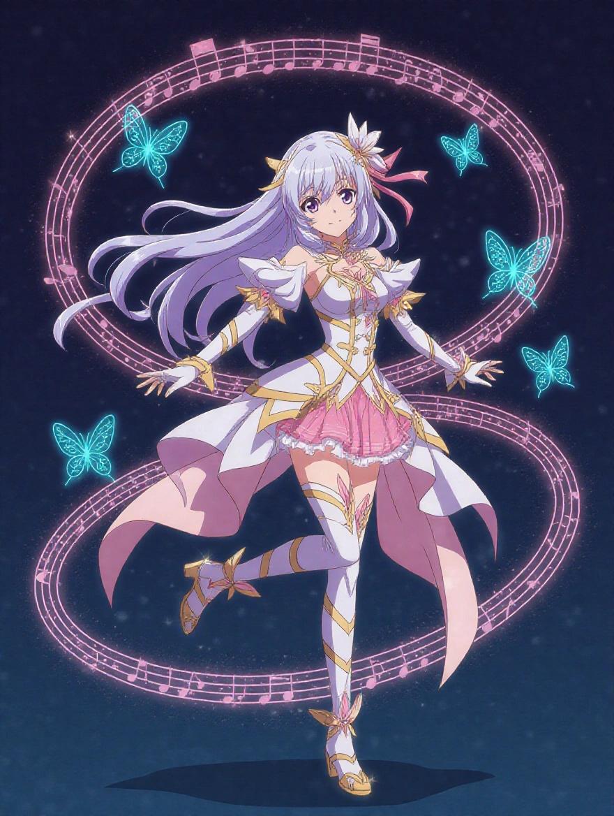 Anime character surrounded by butterflies flying that leave trails resembling musical notes. Character has long hair, wears a beautiful dress. Background is dark and dreamy.