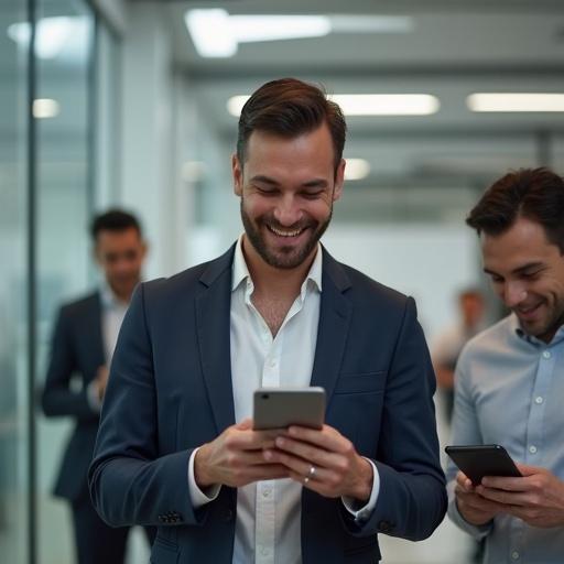 A group of young business professionals engaged with Apple devices in a corporate office. They are dressed in business attire showing happiness and engagement.