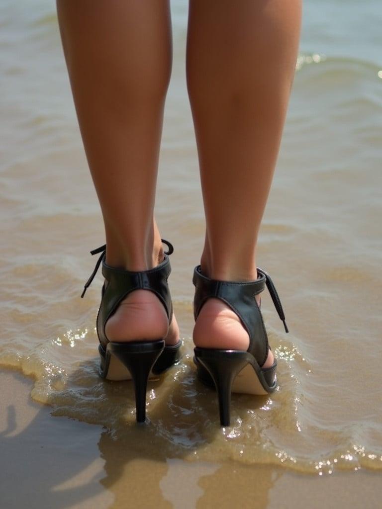 Close-up of a pair of high heel sandals in shallow water. Feet are partially submerged in the surf. The focus is on the elegant sandals and the legs. Lighting is bright and natural. The background shows sand and water.