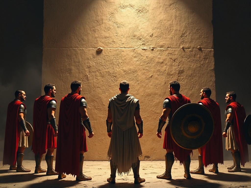 The image depicts a dramatic scene of Roman soldiers poised in front of a blank wall. They are arranged in a semi-circle, facing a central figure dressed in white robes. The soldiers wear red capes and metallic armor, emphasizing their strength. The lighting is intense, casting shadows that enhance the solemnity of the moment. This setting creates an atmosphere of anticipation, as if they are about to engage in a significant decision or battle.