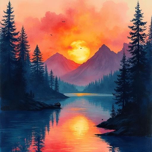 Art depicting a landscape with a sunset over a lake surrounded by mountains and forests. Sailboats present on the water.