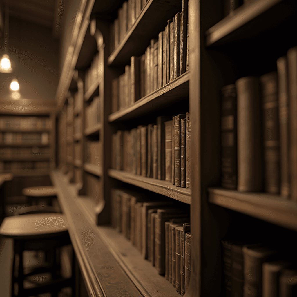 A cozy library with wooden bookshelves filled with books and soft warm lighting.