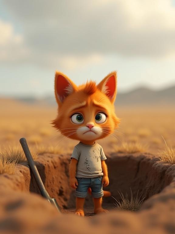 Pixar-style 3D animation depicts a cute ginger kitten in a small dug-out hole. The kitten wears a torn and dirty t-shirt and shorts. It stands in a vast dry, furrowed field with a small shovel nearby. The kitten has a sad expression under an overcast sky. The image is in vertical video format with a 9:16 aspect ratio.