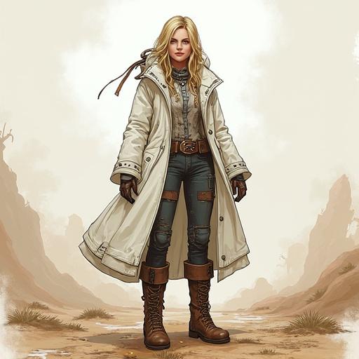 A mystical blonde female character dressed in white attire in a Borderlands artistic style. She stands confidently in a desolate background wearing a white coat and brown boots.