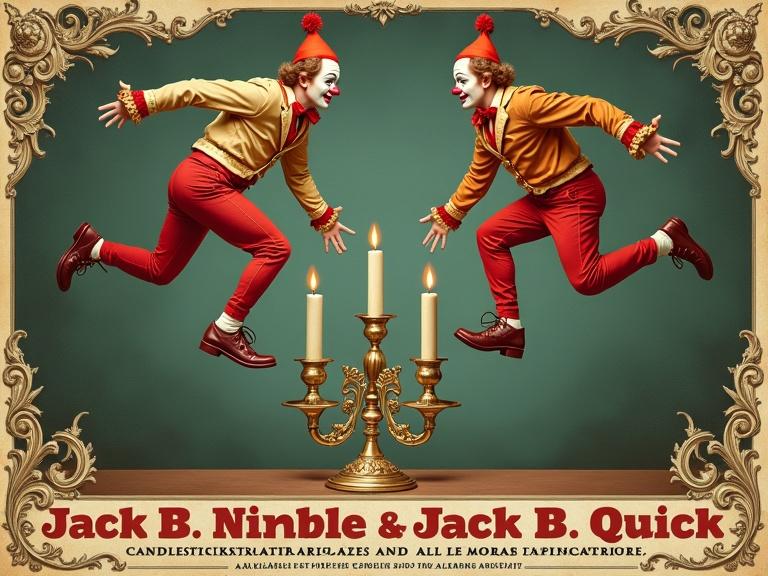 Action scene with two clowns jumping in the same direction over a candelabra. Vintage ornate business card design for Jack B. Nimble & Jack B. Quick. Text includes CandleStick Jumpers Extraordinaire. Available for parties and special events. Candelabras are specialty. Crowd is watching.