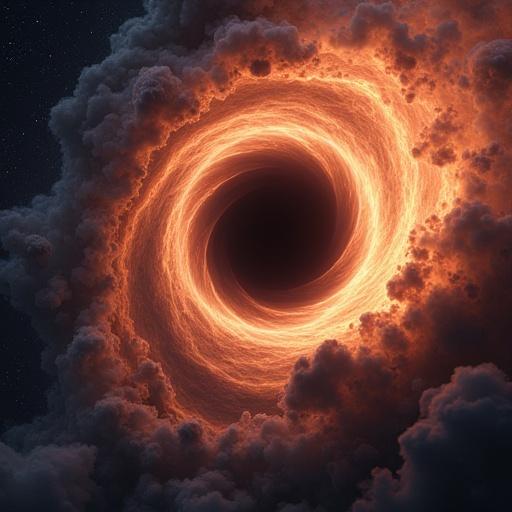 Black hole in space surrounded by glowing clouds. Black center with bright edges indicating spinning movement. Dark backdrop of space.