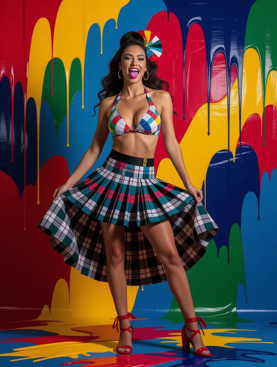 An artistic photo features a model wearing a colorful bikini and a pleated skirt. The background is a visually striking array of bright colors. The lighting is dynamic with fantastic textures. This image encapsulates fantasy realism and modern fashion beautifully.