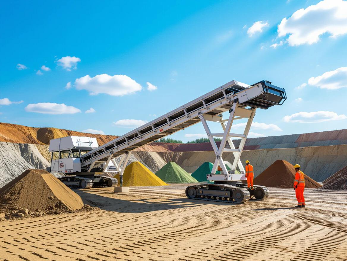 Industrial mining operation. Single small mobile conveyor belt. White support structure extending diagonally. Steel frame and pillars on tracked undercarriage. Bright orange safety vest wearers. Various colored earth material piles. Daytime with clear blue sky. Open-pit mining landscape. Wide-angle industrial photography.