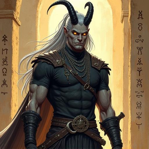 Anime-style digital art featuring a tall tiefling with ash-gray skin and glowing amber eyes. He has long silver hair in a ponytail and sleek black curved horns. The character wears chainmail and has scars on his cheeks. The background includes ancient runes. Art style is non-photorealistic with soft cel shading and cinematic composition.