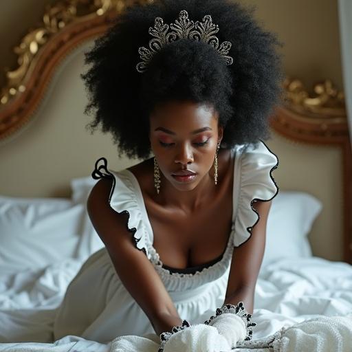 An Afro goddess inspired by Yemọja with deep black skin and delicate features. Luxurious black hair in waves adorned with kanzashi. Wearing a classic white maid uniform with black accents and lace. Positioned on all fours smoothing bed sheets. Graceful movements in an opulent bedroom with magical particles flowing.