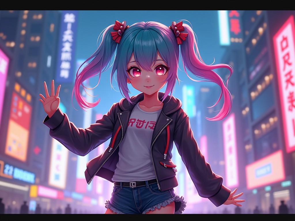 Anime girl with pink hair in a neon-lit cityscape