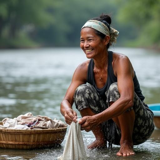 A 45-year-old Thai woman washes clothes in a river. Kneeling on smooth stones. Hair tied in a bun with a cloth headscarf. Weathered skin glowing with fine lines around her eyes. Wringing out a shirt with flexed muscles. Splash of water hits her cheek. Grinning. Bamboo baskets of clean clothes beside her. Overcast day with soft light.