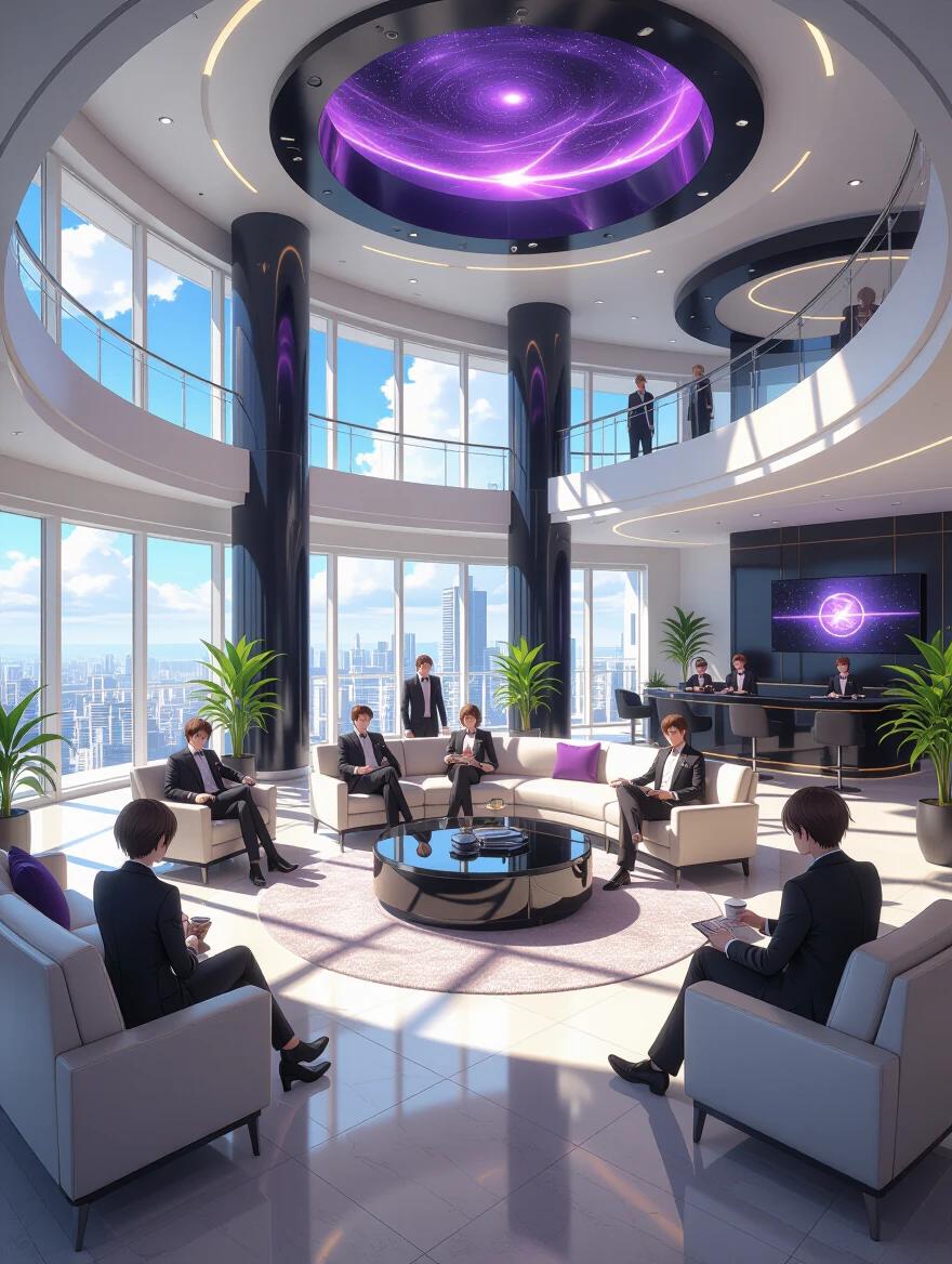 Futuristic anime scene set in 2204. Luxurious employee lounge of the Black Hole Society in Rio de Janeiro. High-tech design elements characterized by amethyst purple and black colors. Bright sunlight fills the space through large windows. Stylishly dressed employees relax and interact in the spacious area.