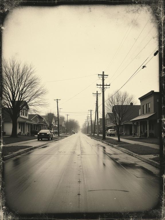 A rough pinhole photo captures a small rural town in the Midwest. Aging and curling edges of the negative visible. Empty street lined with trees and power poles.