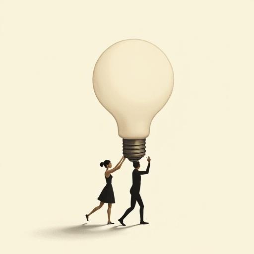 Minimalist surreal illustration showing tiny elegant humans carrying a giant lamp bulb. Limited color palette with clean background. Isolated figures with simplified anatomy. Soft shadows create a modern, poetic tone.