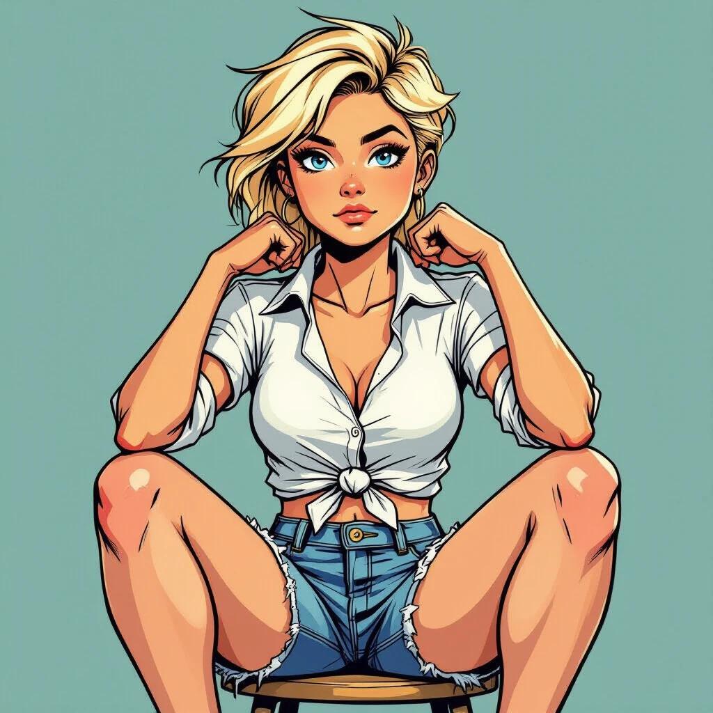 A young woman sits on a stool with determined expression. She has bright blue eyes and blonde hair styled in a crew cut. She wears ripped denim shorts and a knotted white shirt. Her hands are behind her neck. The art style is semi-realistic and comic-like with bold outlines.