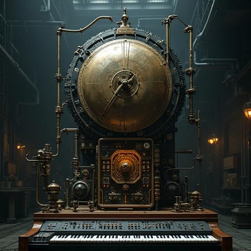 A giant mechanical music box stands in a dark industrial space. The music box features an integrated synthesizer. The setting is filled with machinery.