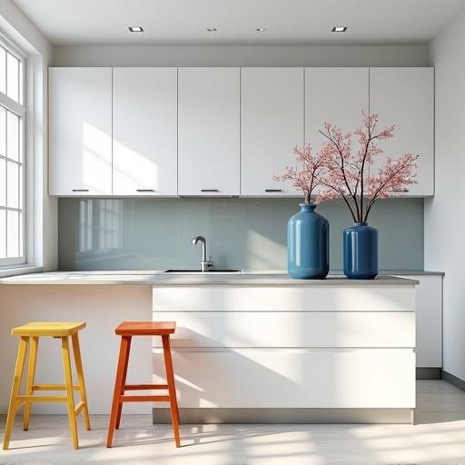 Photo of a modern kitchen with white cabinets and gray countertop. Two blue vases, one taller and one shorter, have cherry blossoms. Two stools, one orange and one yellow, showcase a minimalist design. Bright natural light illuminates the space. Sleek and uncluttered appearance in contemporary style.