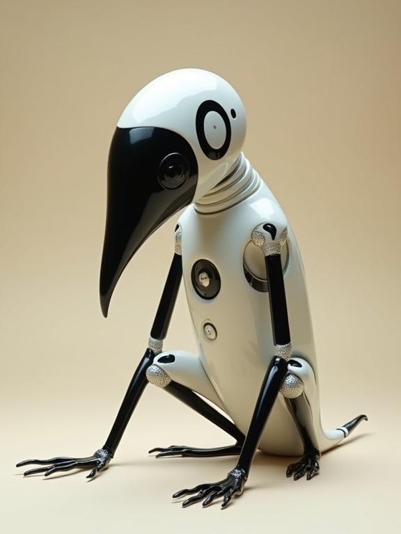 Photo of a robotic creature with glossy white body and black details. Large black head with curved beak. Long slender limbs and sitting posture. Background is neutral beige