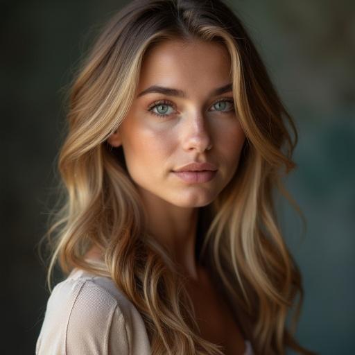 Close-up portrait of a young woman with long hair. The model has striking features with clear skin and captivating eyes. Natural makeup emphasizes her beauty. She's wearing casual attire in soft colors. Background is softly blurred to focus on the subject.