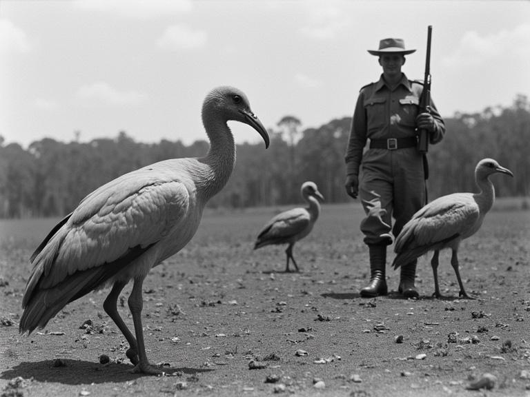 Image depicting soldiers and emus from the Great Emu War in Australia 1932. Emus are foraging on the ground. Soldier stands in the background with a rifle. Scene is in black and white.