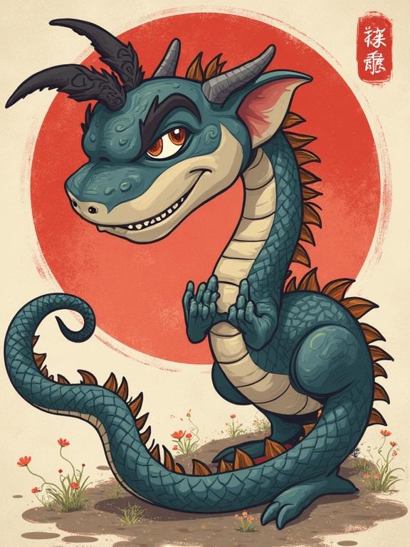 Cartoon dragon character with cartoonish features and vibrant colors. Displays personality with a mischievous grin. Lively design with playful body posture. Background includes subtle elements like a round red circle.