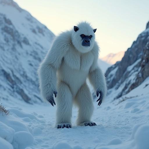 Full-body humanoid yeti with thick white fur. Standing in snowy mountain valley at dusk. Realistic muscle definition under fur. Heavy footprints in snow. Expressive deep-set eyes. Photorealistic lighting and texture. Ultra sharp image with detailed features.