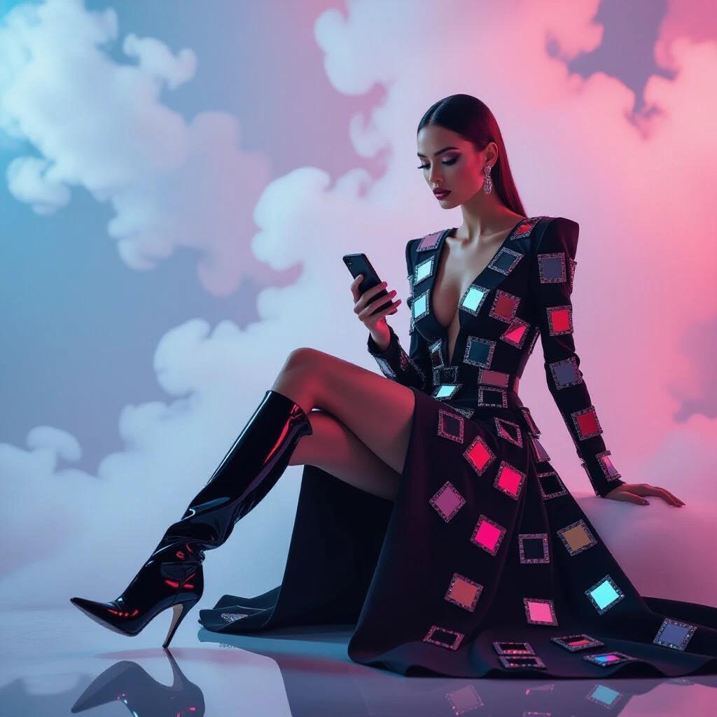 Striking figure sits amidst a surreal backdrop. Swirling pastel colors and smoke create an avant-garde aesthetic. Model clad in black dress adorned with reflective elements. Focused gaze directed at phone. Elegantly perched with long legs highlighted by glossy boots. Dramatic lighting and vibrant colors contrast with dark attire. Modern glamour meets edgy atmosphere.