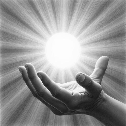 A luminous orb held in a cupped hand. Surrounding the orb is radiant graphite shading that cascades outward. Highly detailed pencil texture showcases precise highlights and smooth gradients.
