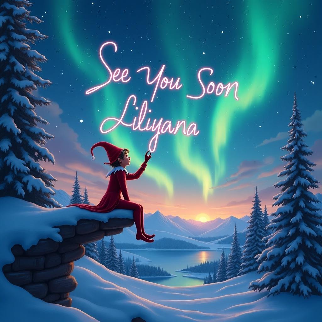 The image features a whimsical elf sitting on a snowy ledge, inspired by the popular Elf on the Shelf tradition. The elf is depicted in vibrant red and white attire, playfully writing 'See You Soon Lilyana' in the sky. The background showcases a magical winter landscape, complete with majestic mountains and a tranquil lake. The night sky is illuminated by stunning northern lights, adding a mystical touch to the scene. Snowy pine trees surround the elf, enhancing the wintry atmosphere.