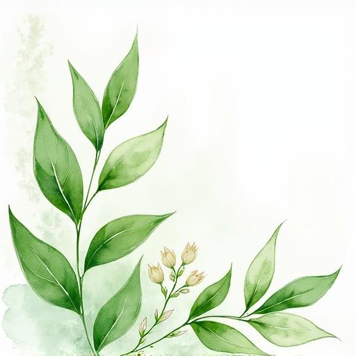 Green watercolor drawing of leaves and flowers arranged artistically on a transparent background