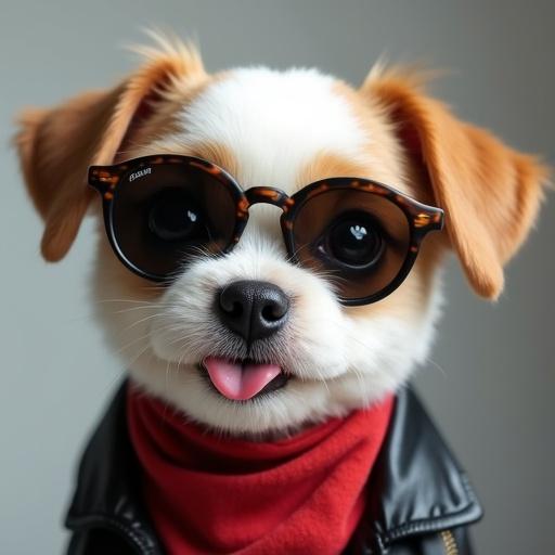 A semi-realistic dog. Dog is white with brown spots. Fur is short and smooth. Dog has big dark expressive eyes. Ears are semi-pricked with tips slightly drooping. Dog wears a tiny black leather jacket and small round sunglasses. There's a red bandana around the neck. Dog has a little pink tongue sticking out.