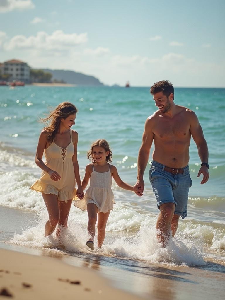 Family enjoying a beach vacation. Walking along the shore. Water splashing. Sunny day. Happy moments.