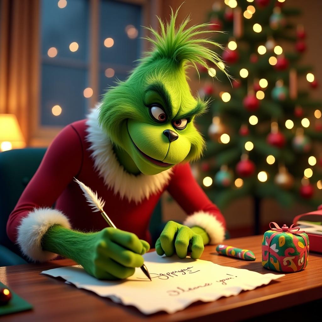 Grinch writing a letter at a desk with Christmas decorations and a warm ambiance