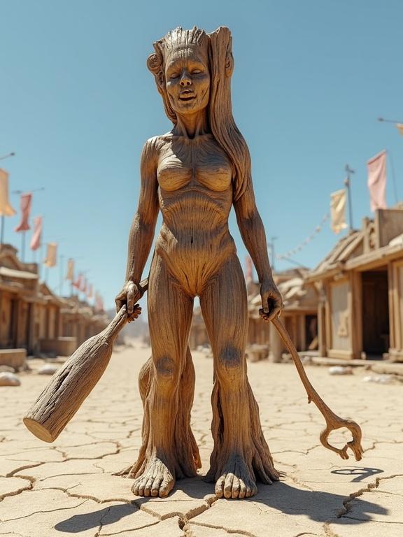 A hyper-realistic and surreal 3D render of a natural woman made of aged timber in a post-apocalyptic landscape. The figure shows extensive wear and features a large smile. It holds a fractured bat and stands among the ruins of a forgotten festival. The bright sky contrasts with the haunting atmosphere of loss in the desolate area.