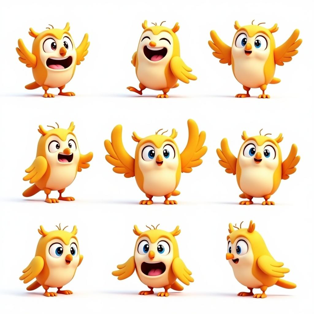 3D cute owl character design for children's media contexts including books and animations. Bright color palette emphasizes fun and engagement. Various poses depict emotions like joy, sadness, anger, excitement, and curiosity.