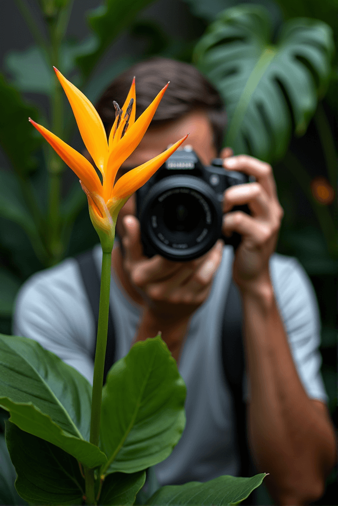 A vibrant yellow and orange bird of paradise flower is in sharp focus, with a person photographing it in the background, surrounded by lush green leaves.